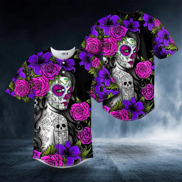 Day Of The Death Pattern Sugar Girl Skull Baseball Jersey Skull 26 Viking Graphic Tees 3D All Over Print Clothing 1 fFrNu.jpg