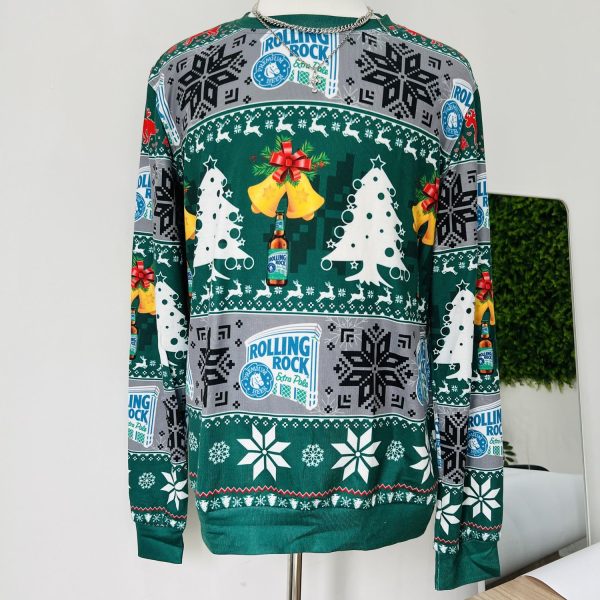 Rolling Rock Beer Xmas Bell Pine Tree Ugly Christmas Sweater