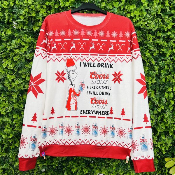 Corona Extra Beer Grinch I Will Drink Here Or There I Will Drink Everywhere Ugly Christmas Holiday Sweater