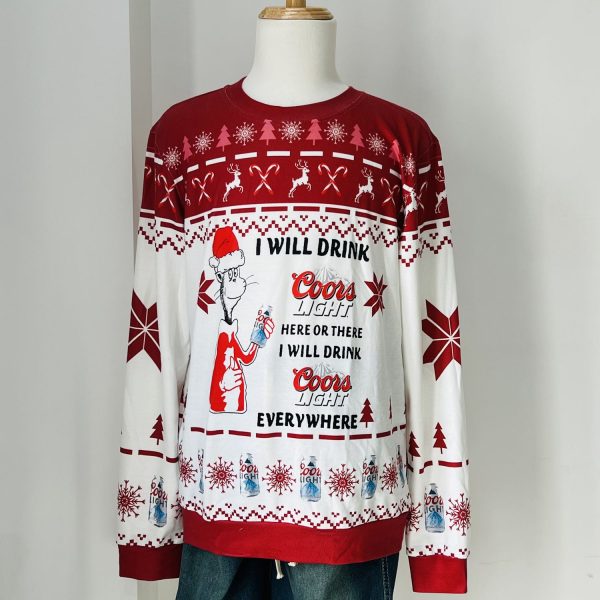 Corona Extra Beer Grinch I Will Drink Here Or There I Will Drink Everywhere Ugly Christmas Holiday Sweater