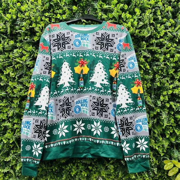 Rolling Rock Beer Xmas Bell Pine Tree Ugly Christmas Sweater