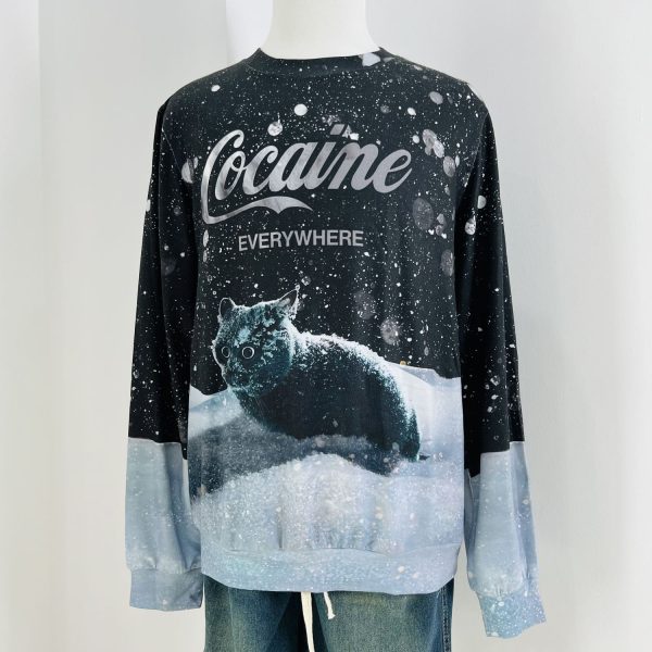 Snow Cat Cocaine Everywhere Black Ugly Christmas Sweater, Sweatshirt