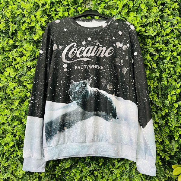 Snow Cat Cocaine Everywhere Black Ugly Christmas Sweater, Sweatshirt