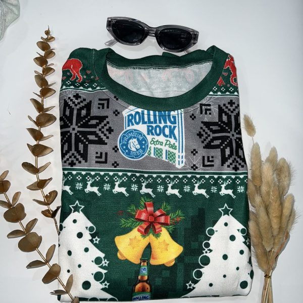 Rolling Rock Beer Xmas Bell Pine Tree Ugly Christmas Sweater