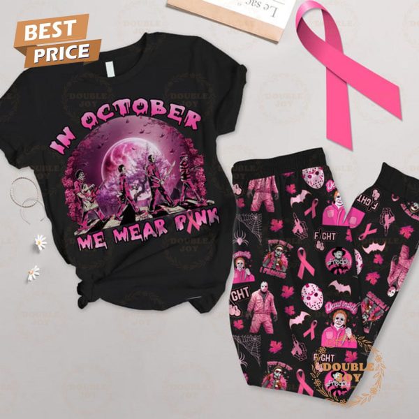 Horror Character In October We Wear Pink Halloween 2024 Fleece Pajamas Set – Black