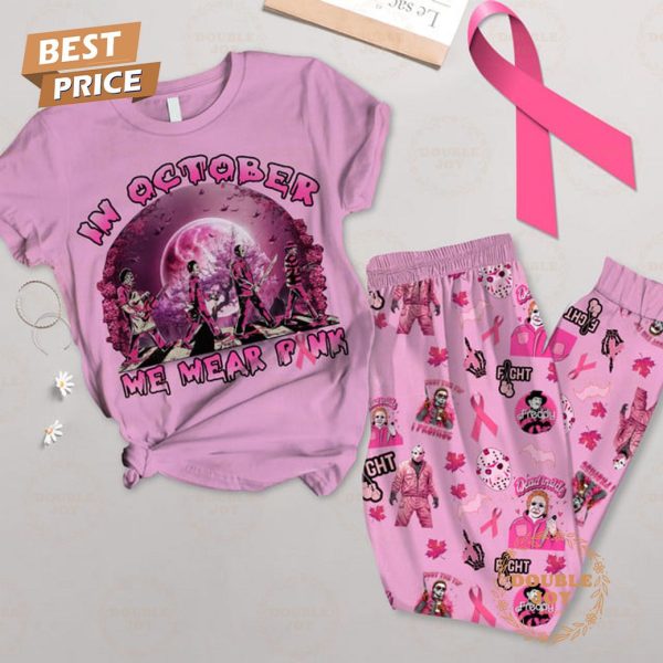 Horror Character In October We Wear Pink Halloween 2024 Fleece Pajamas Set – Pink