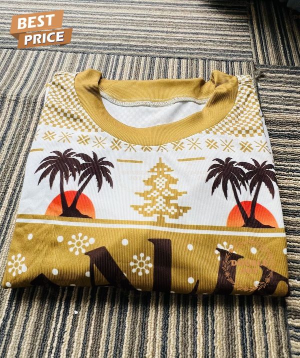 Malibu Christmas Sweater – Tropical Sunset Palm Trees Pattern Holiday Sweater for Festive Celebrations