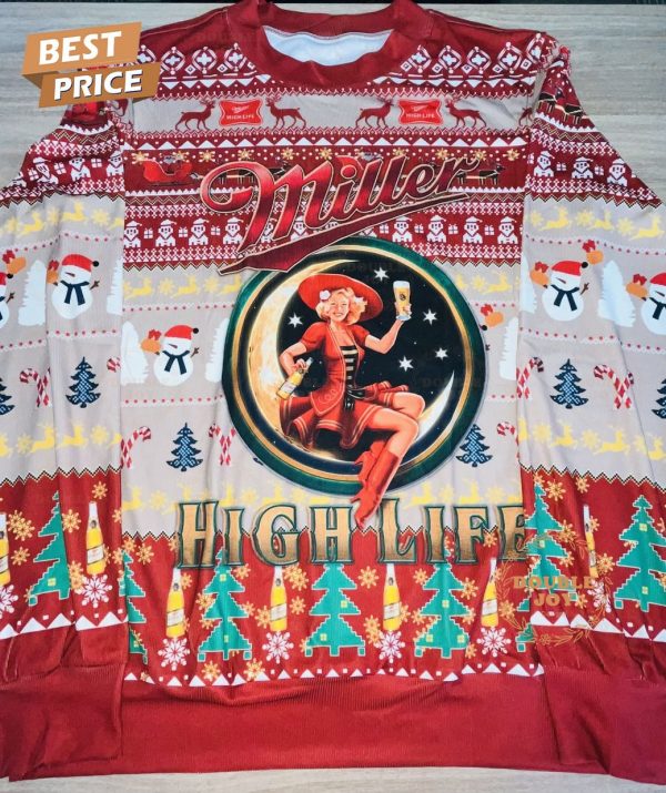 Miller High Life Ugly Christmas Sweater – Retro Lady Design, Funny Holiday Beer Sweater for Men and Women