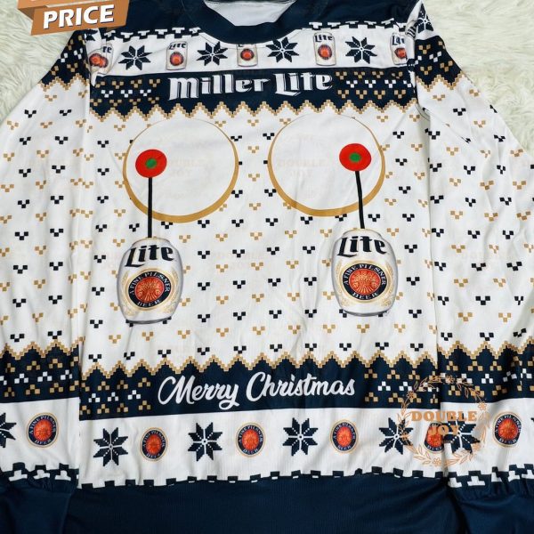 Miller Lite Christmas Sweater – Funny Ugly Holiday Sweater with Beer Can Design, Men’s and Women’s Sizes