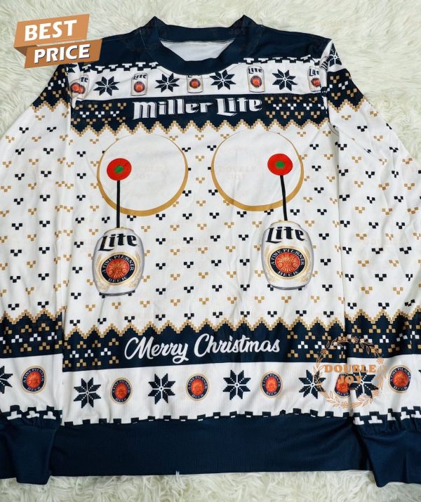 Miller Lite Christmas Sweater – Funny Ugly Holiday Sweater with Beer Can Design, Men’s and Women’s Sizes