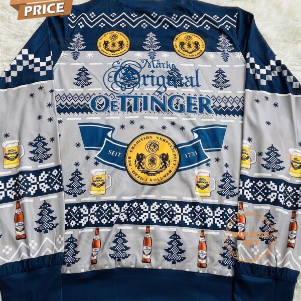 Oettinger Beer Ugly Christmas Sweater – German Beer-Themed Holiday Sweater with Bottle and Mug Design for Men and Women