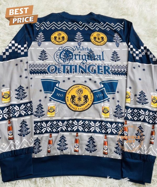 Oettinger Beer Ugly Christmas Sweater – German Beer-Themed Holiday Sweater with Bottle and Mug Design for Men and Women