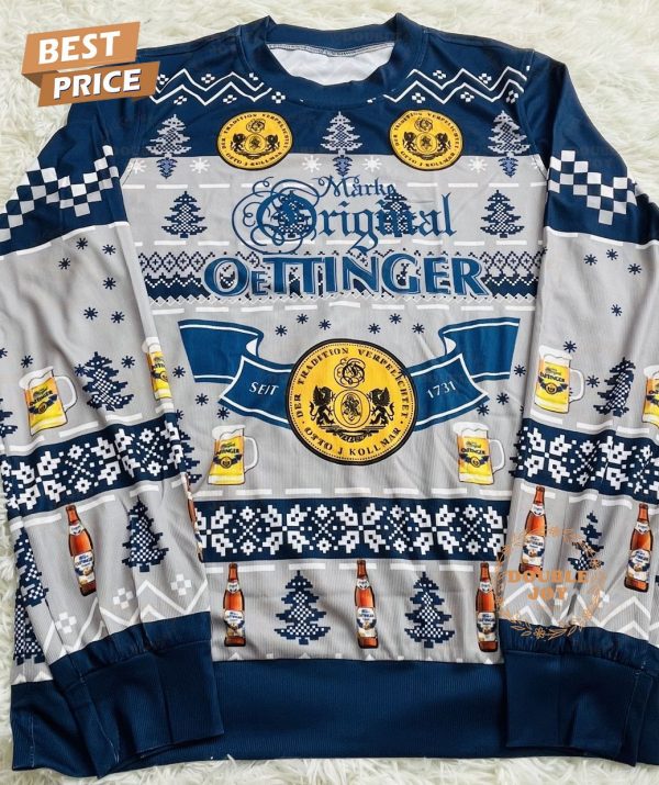 Oettinger Beer Ugly Christmas Sweater – German Beer-Themed Holiday Sweater with Bottle and Mug Design for Men and Women