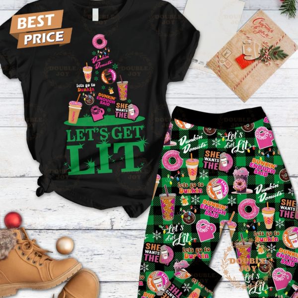 Dunkin’ Donuts Let’s Get Lit Merry Christmas 2024 Fleece Pajamas Set