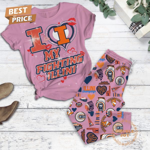 I Love Illinois Fighting Illini Basketball NCAA My Fighting Illini Pink Design Fleece Pajamas Set