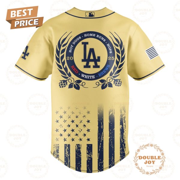 Los Angeles Dodgers International Beer Day “Hot Dogs-Home Runs-Hops” 2025 Red-White-Brews Limited Edition Baseball Jersey