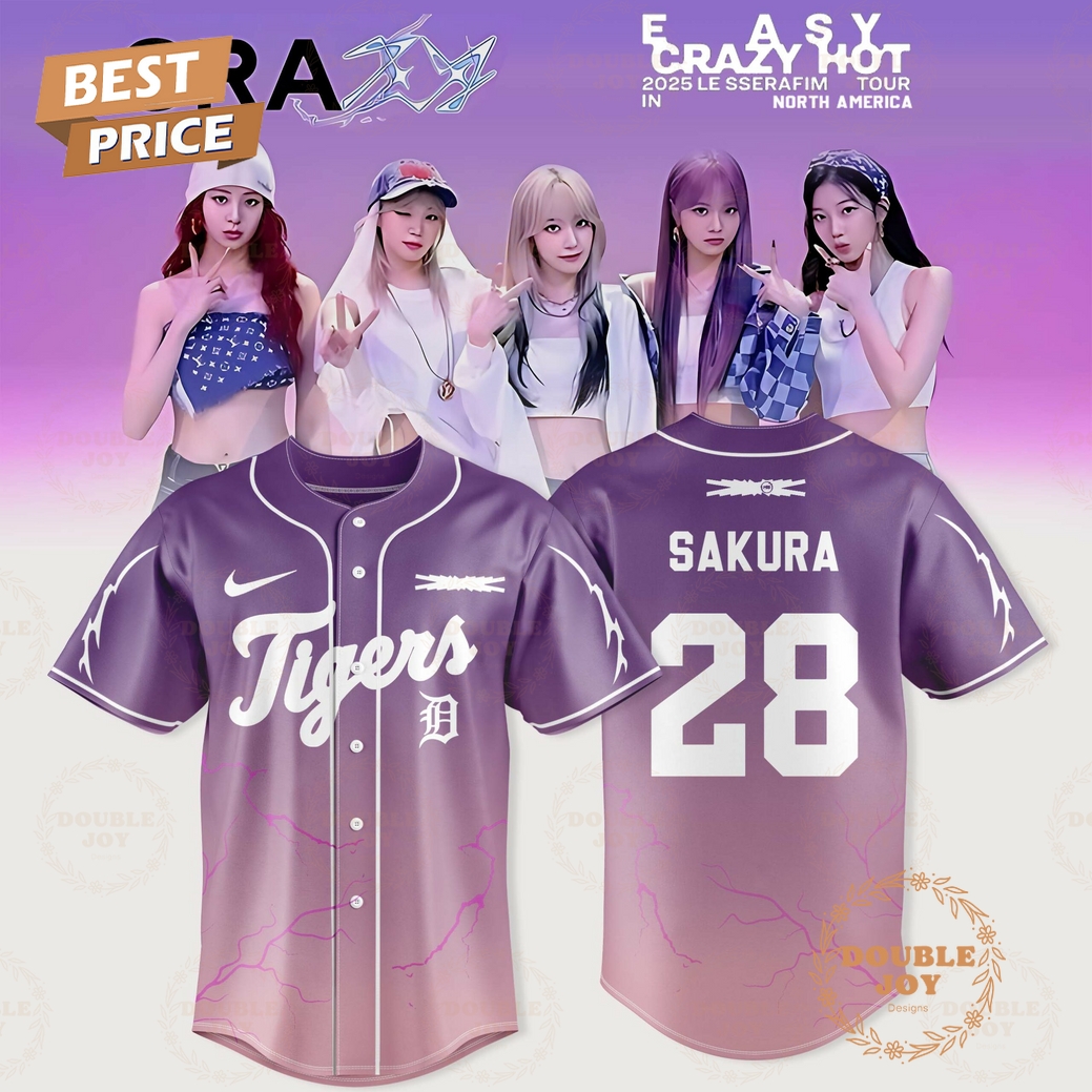 Detroit Tigers x LE SSERAFIM-Sakura 2025 Tour Easy Crazy Hot Violet Baseball Jersey Detroit Tigers x LE SSERAFIM-Sakura 2025 Tour Easy Crazy Hot Violet Baseball Jersey