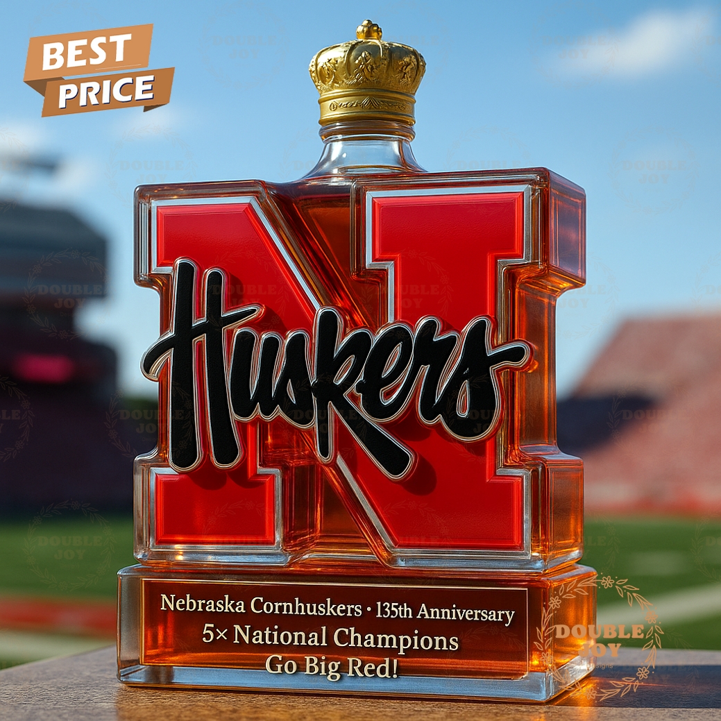 Nebraska Cornhuskers 135th Anniversary 5X National Champions Go Big Red Whiskey Bottle