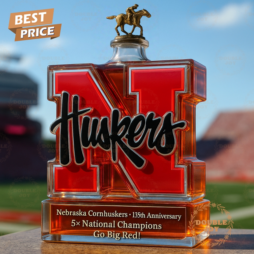 Nebraska Cornhuskers 135th Anniversary 5X National Champions Go Big Red Whiskey Bottle