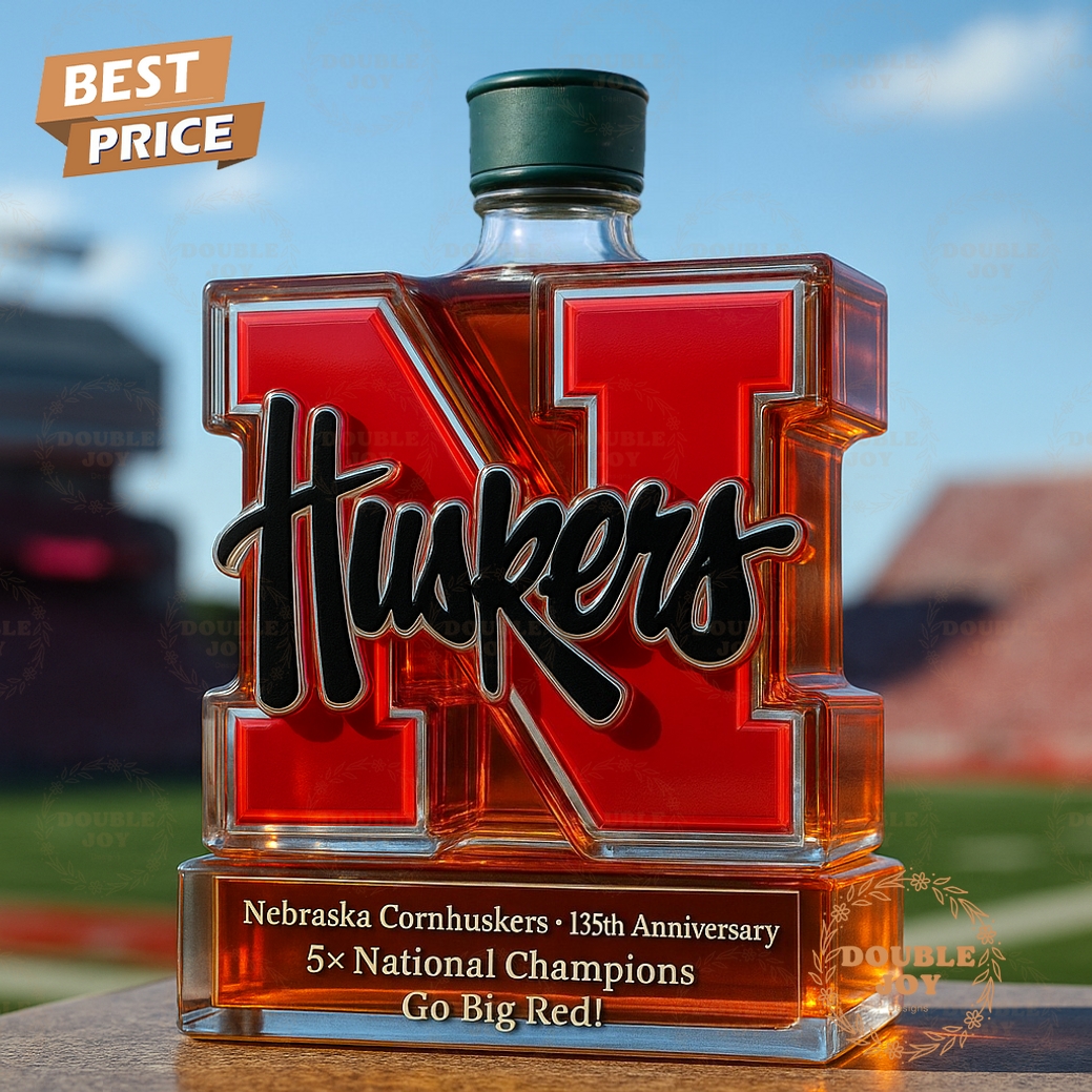 Nebraska Cornhuskers 135th Anniversary 5X National Champions Go Big Red Whiskey Bottle