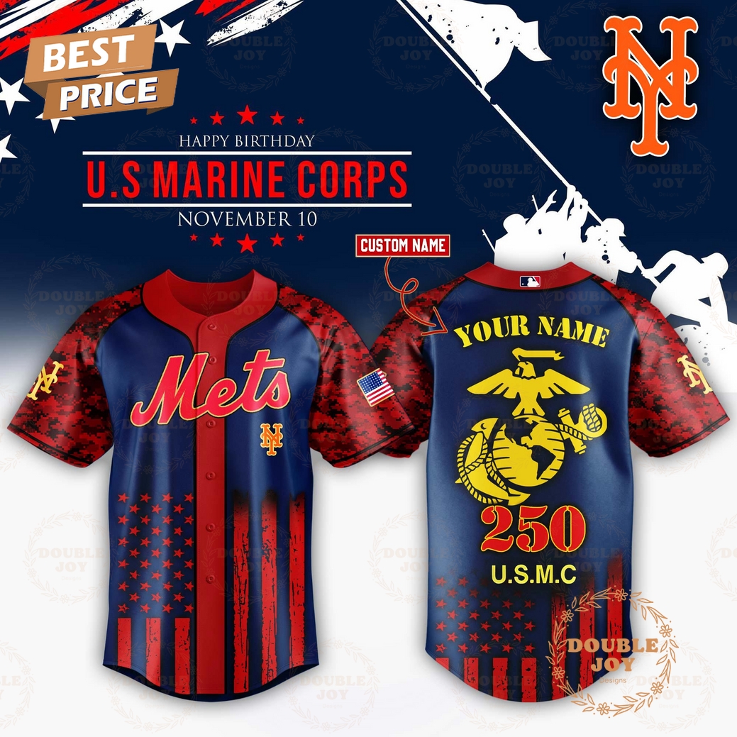 New York Mets x 250th Happy Birthday USMC Custom Name Baseball Jersey New York Mets x 250th Happy Birthday USMC Custom Name Baseball Jersey