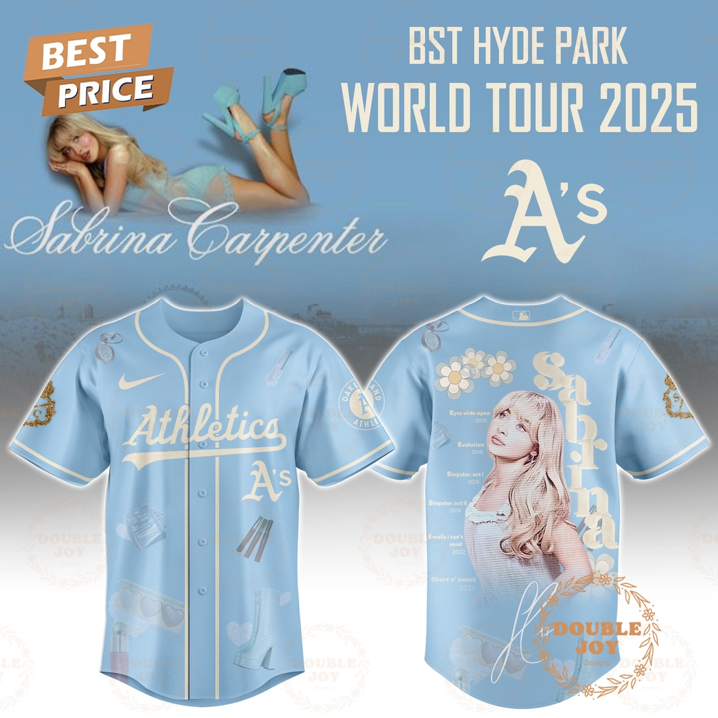 Oakland Athletics x Sabrina Carpenter World Tour 2025 BST Hyde Park Blue Baseball Jersey Oakland Athletics x Sabrina Carpenter World Tour 2025 BST Hyde Park Blue Baseball Jersey