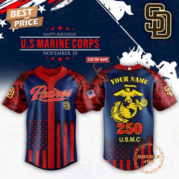 San Diego Padres x 250th Happy Birthday USMC Custom Name Baseball Jersey