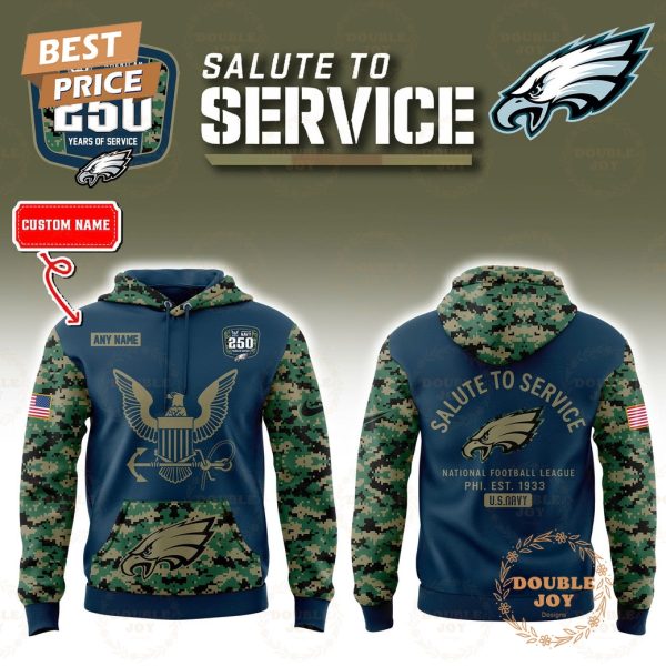 Philadelphia Eagles x Salute To Service NAVY 250TH Anniversary Custom Name 2025 Hoodie