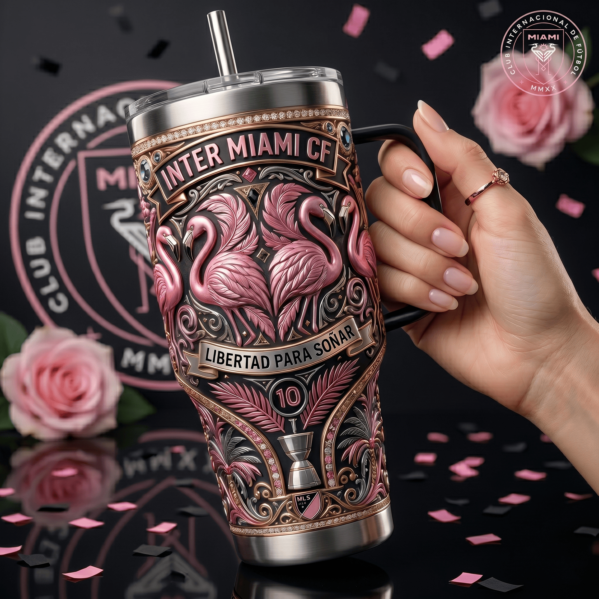 Inter Miami CF Messi 10 Pink Flamingo Luxury 3D Embossed Rose Gold 40oz Stainless Steel Insulated Travel Tumbler Inter Miami CF Messi 10 Pink Flamingo Luxury 3D Embossed Rose Gold 40oz Stainless Steel Insulated Travel Tumbler