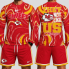 Kansas City Chiefs They Not Like Us Red Gold Marble Print Fan Gear Long Sleeve Shirt and Shorts Set