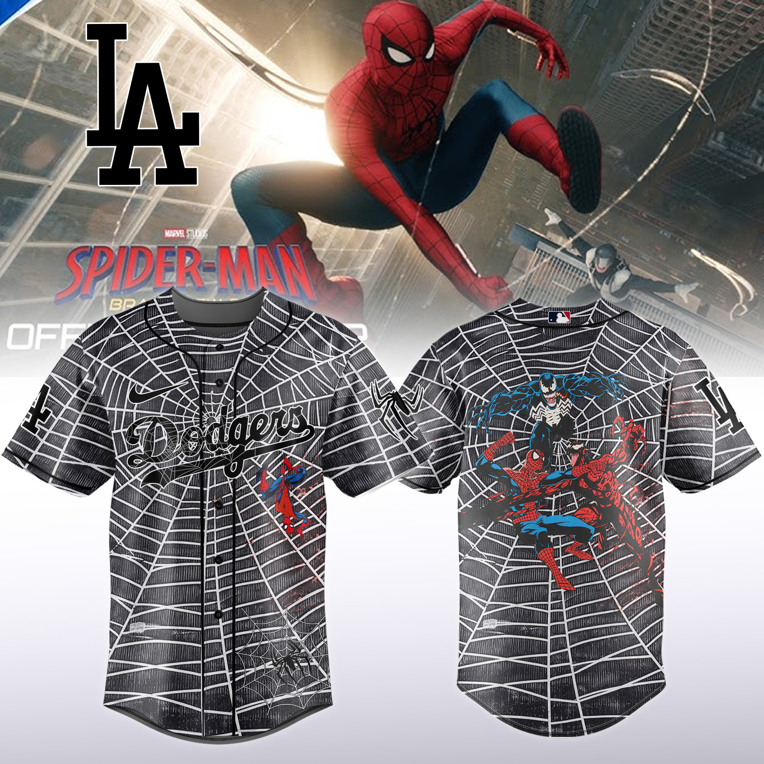 Los Angeles Dodgers x Spider-Man Brand New Day Marvel Black Spiderweb Graphic Baseball Jersey Los Angeles Dodgers x Spider-Man Brand New Day Marvel Black Spiderweb Graphic Baseball Jersey