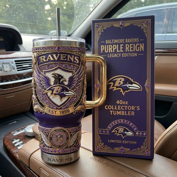 Baltimore Ravens NFL Purple Reign Legacy Collector’s Limited Edition Gold Embellished 40oz Insulated Tumbler with Handle, Lid, and Straw