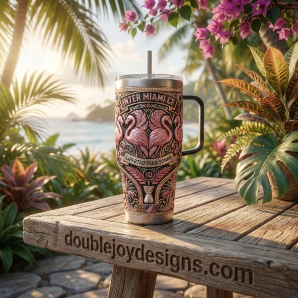 Inter Miami CF Messi 10 Pink Flamingo Luxury 3D Embossed Rose Gold 40oz Stainless Steel Insulated Travel Tumbler