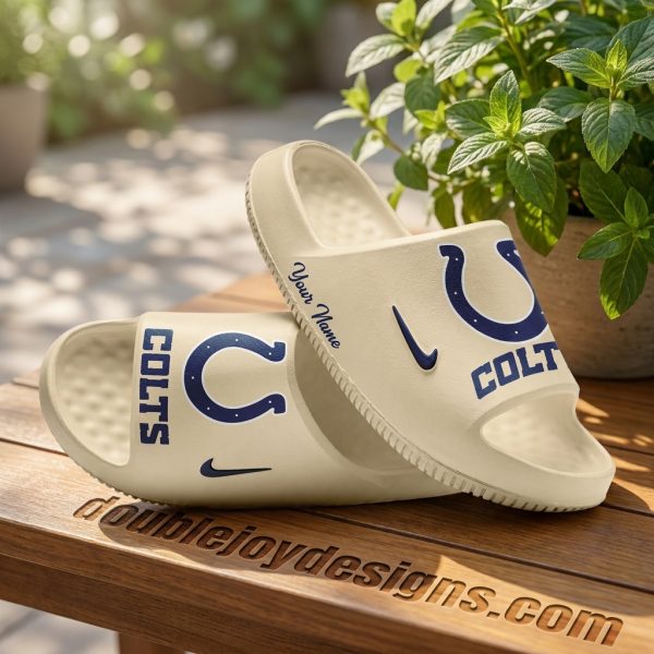 Indianapolis Colts Personalized Custom Name Premium Cream Unisex Slide Sandals