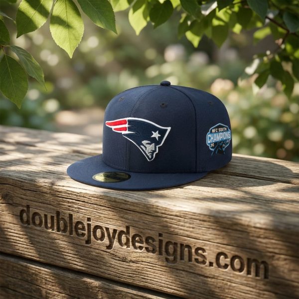 New England Patriots Navy Blue Crossover Hat with Carolina Panthers 2025 NFC South Champions Side Patch Fitted Cap