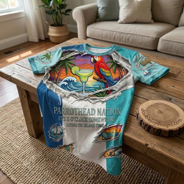 Jimmy Buffett Parrothead Nation It’s 5 O’Clock Somewhere 3D All Over Print Tropical Graphic T-Shirt