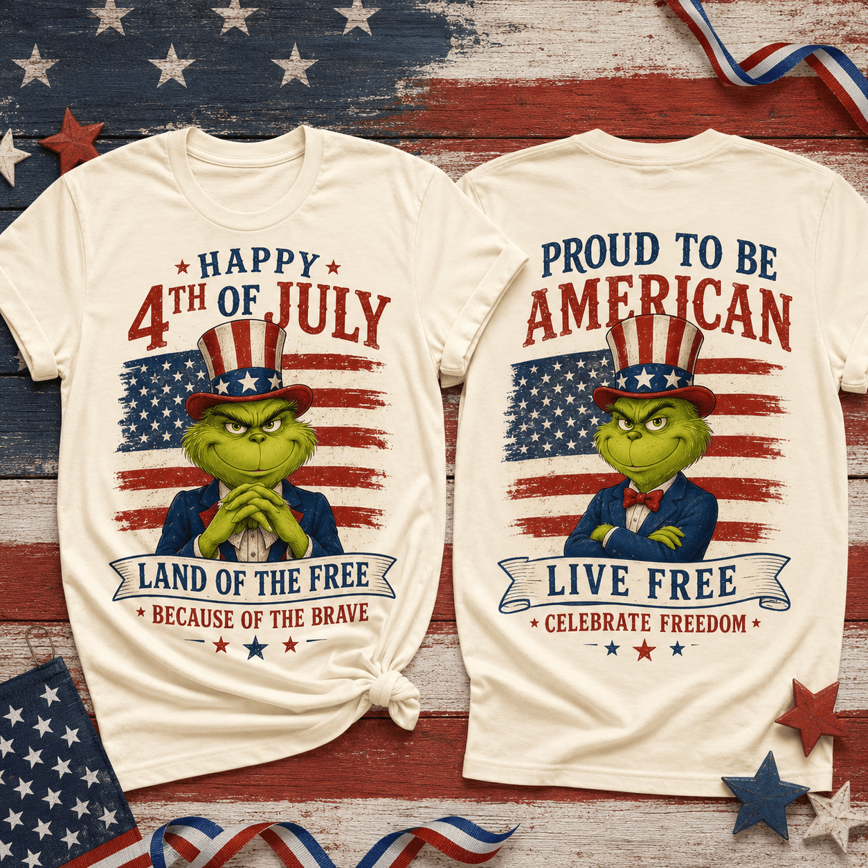 Grinch Uncle Sam Happy 4th of July Patriotic USA Flag Vintage Cream Graphic T-Shirt Grinch Uncle Sam Happy 4th of July Patriotic USA Flag Vintage Cream Graphic T-Shirt
