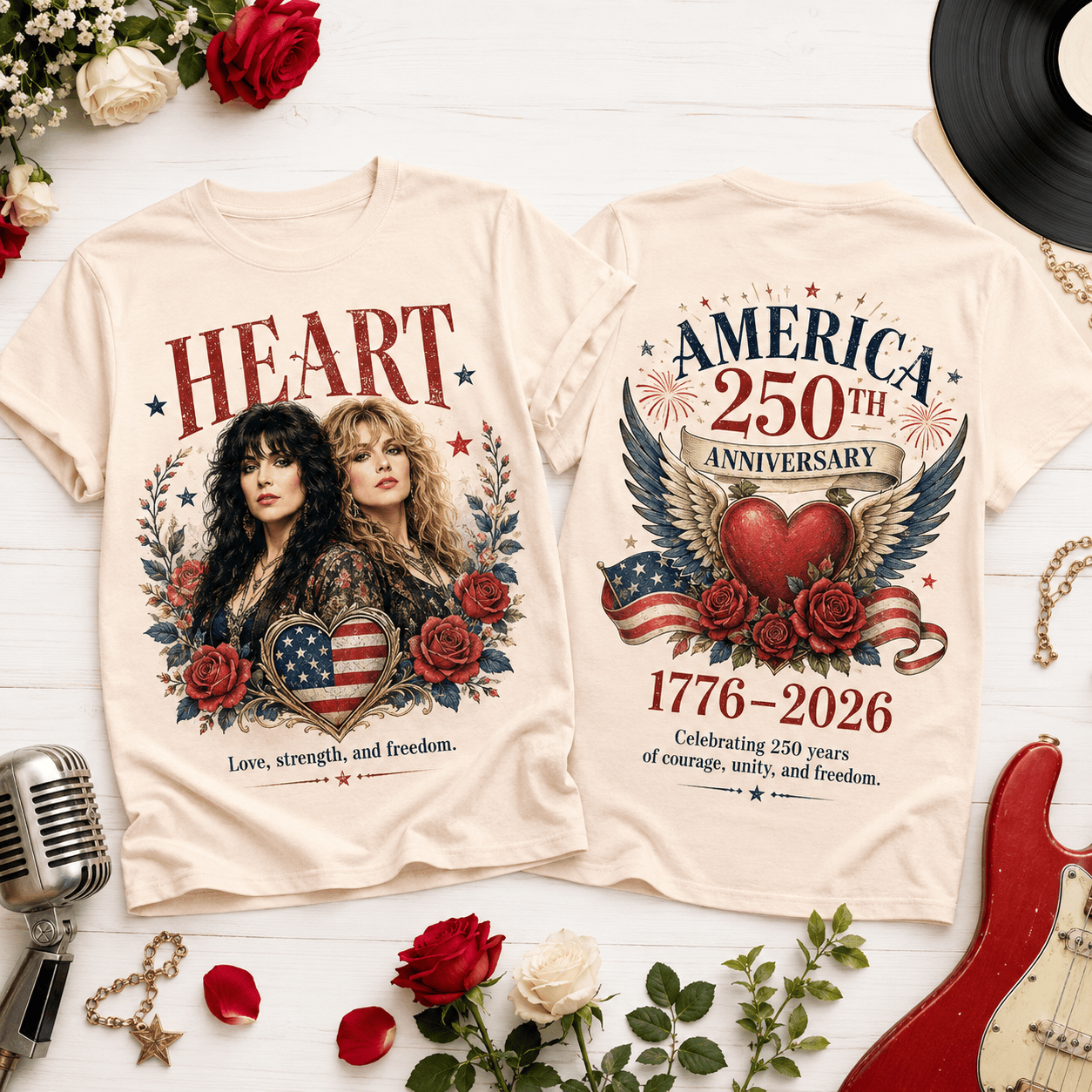 Heart Rock Band America 250th Anniversary 1776-2026 Patriotic Vintage Graphic T-Shirt Heart Rock Band America 250th Anniversary 1776-2026 Patriotic Vintage Graphic T-Shirt