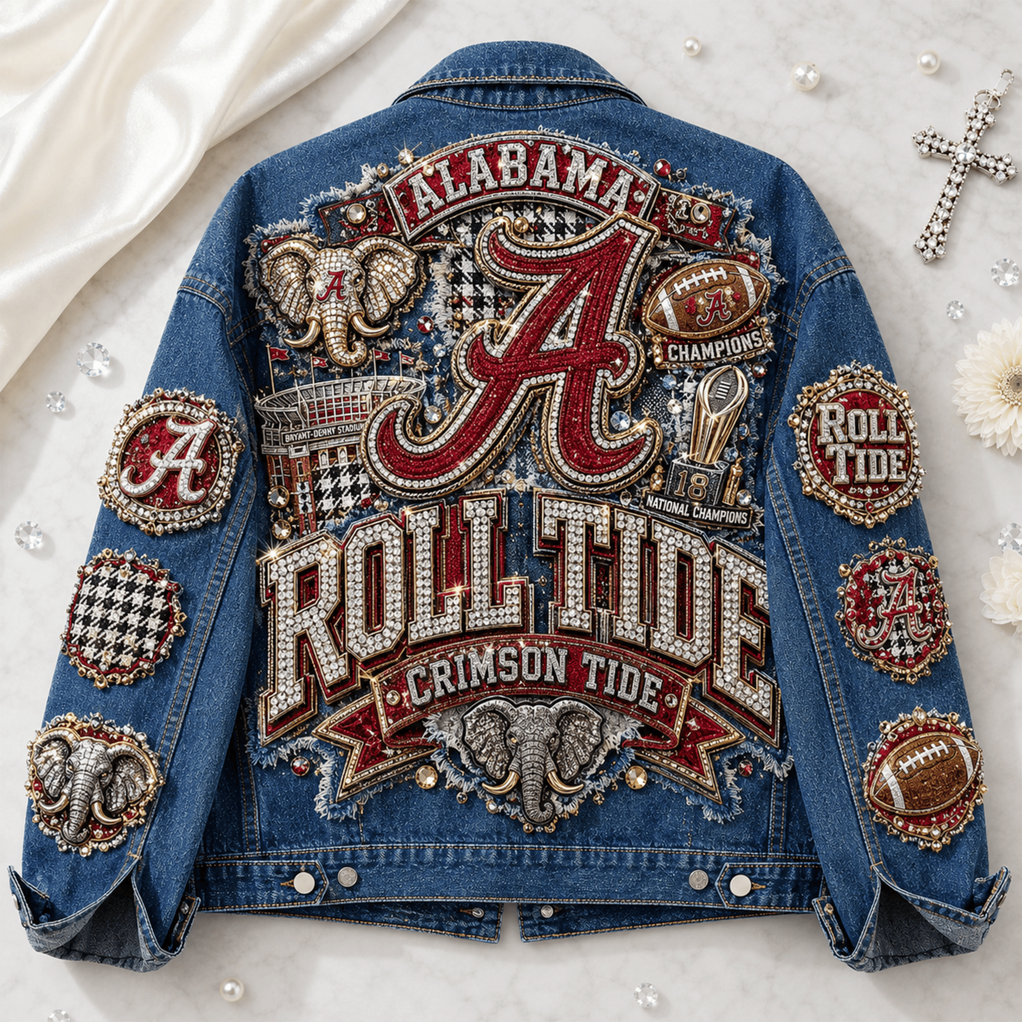 Alabama Crimson Tide Roll Tide Rhinestone National Champions Denim Jacket Alabama Crimson Tide Roll Tide Rhinestone National Champions Denim Jacket