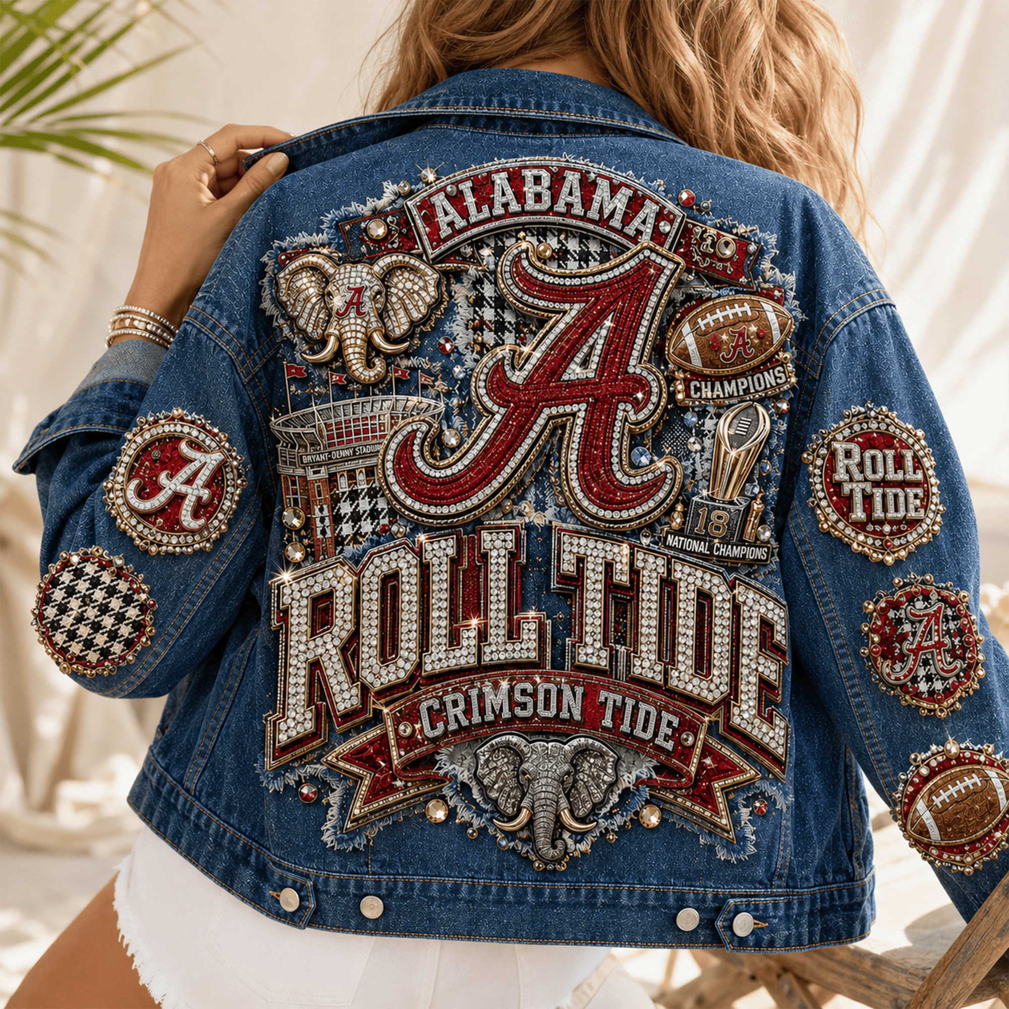 Alabama Crimson Tide Roll Tide Rhinestone National Champions Denim Jacket Alabama Crimson Tide Roll Tide Rhinestone National Champions Denim Jacket