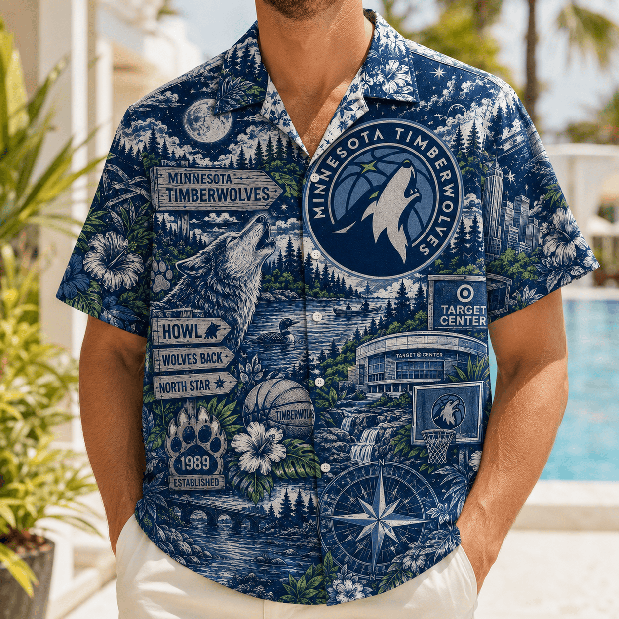 Minnesota Timberwolves Howling Wolf Tropical Print Hawaiian Shirt Minnesota Timberwolves Howling Wolf Tropical Print Hawaiian Shirt