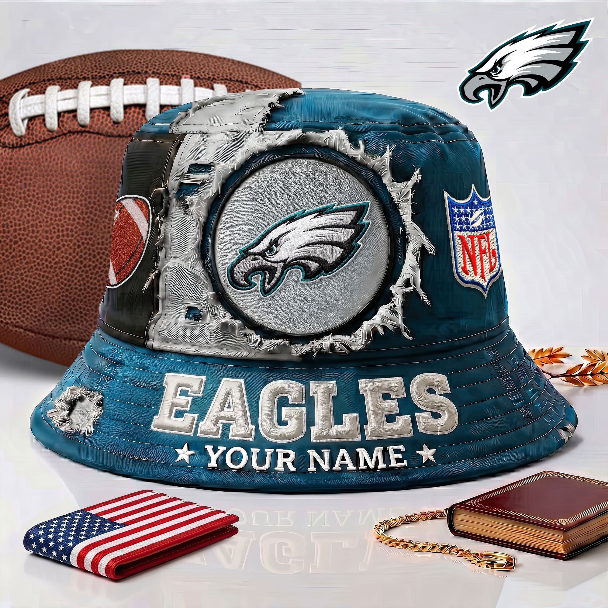 Philadelphia Eagles Personalized Custom Name NFL Torn Fabric Distressed 3D Bucket Hat Philadelphia Eagles Personalized Custom Name NFL Torn Fabric Distressed 3D Bucket Hat