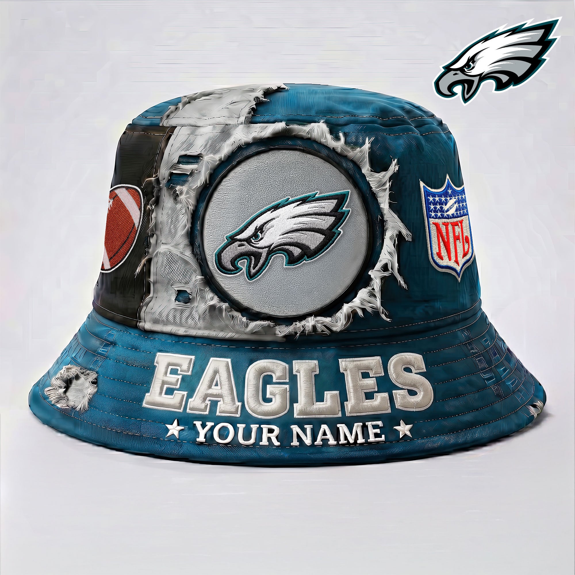 Philadelphia Eagles Personalized Custom Name NFL Torn Fabric Distressed 3D Bucket Hat Philadelphia Eagles Personalized Custom Name NFL Torn Fabric Distressed 3D Bucket Hat