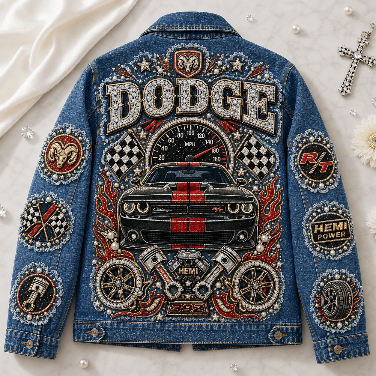 Dodge Challenger RT Hemi Power Muscle Car Retro Graphic Denim Jacket Dodge Challenger RT Hemi Power Muscle Car Retro Graphic Denim Jacket