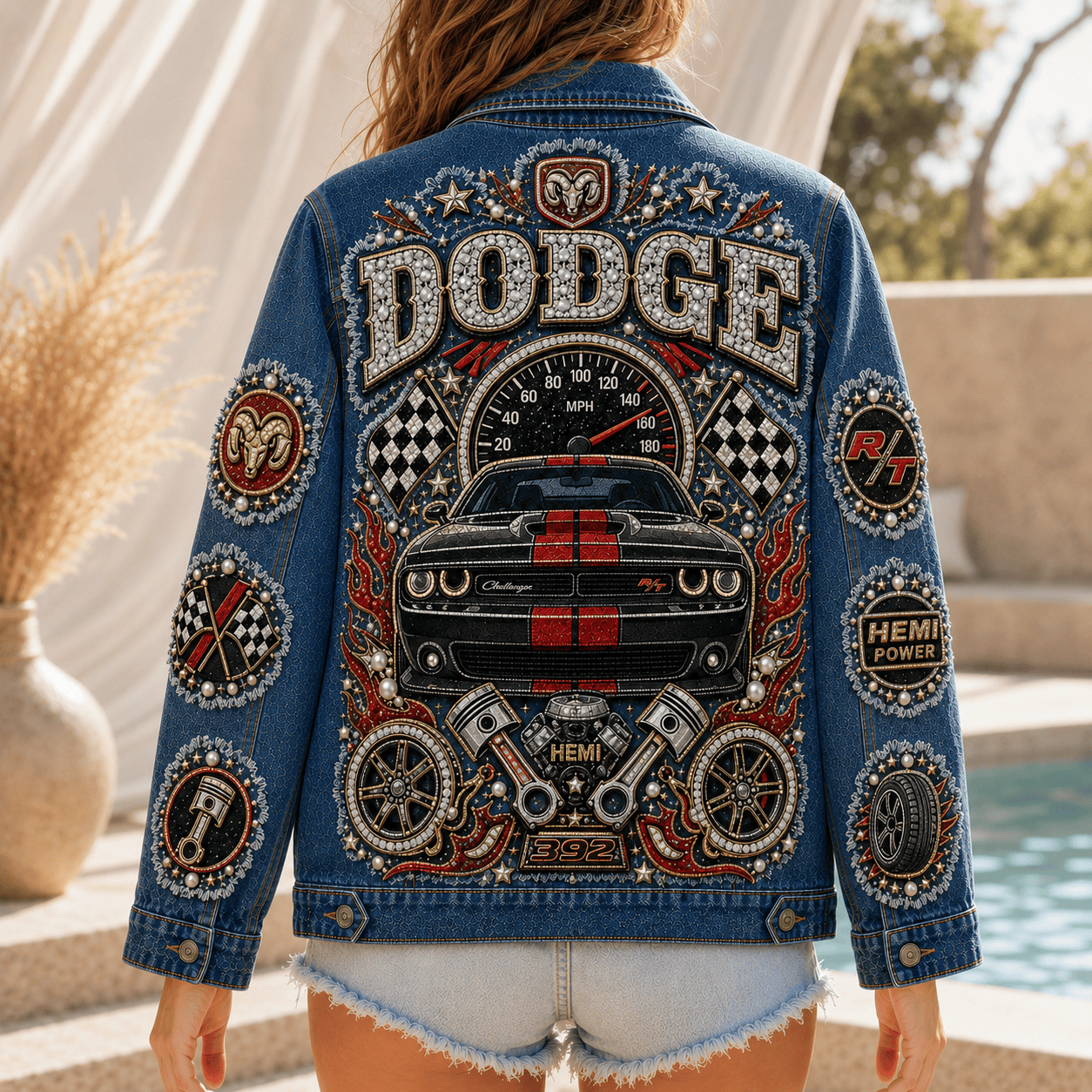 Dodge Challenger RT Hemi Power Muscle Car Retro Graphic Denim Jacket Dodge Challenger RT Hemi Power Muscle Car Retro Graphic Denim Jacket