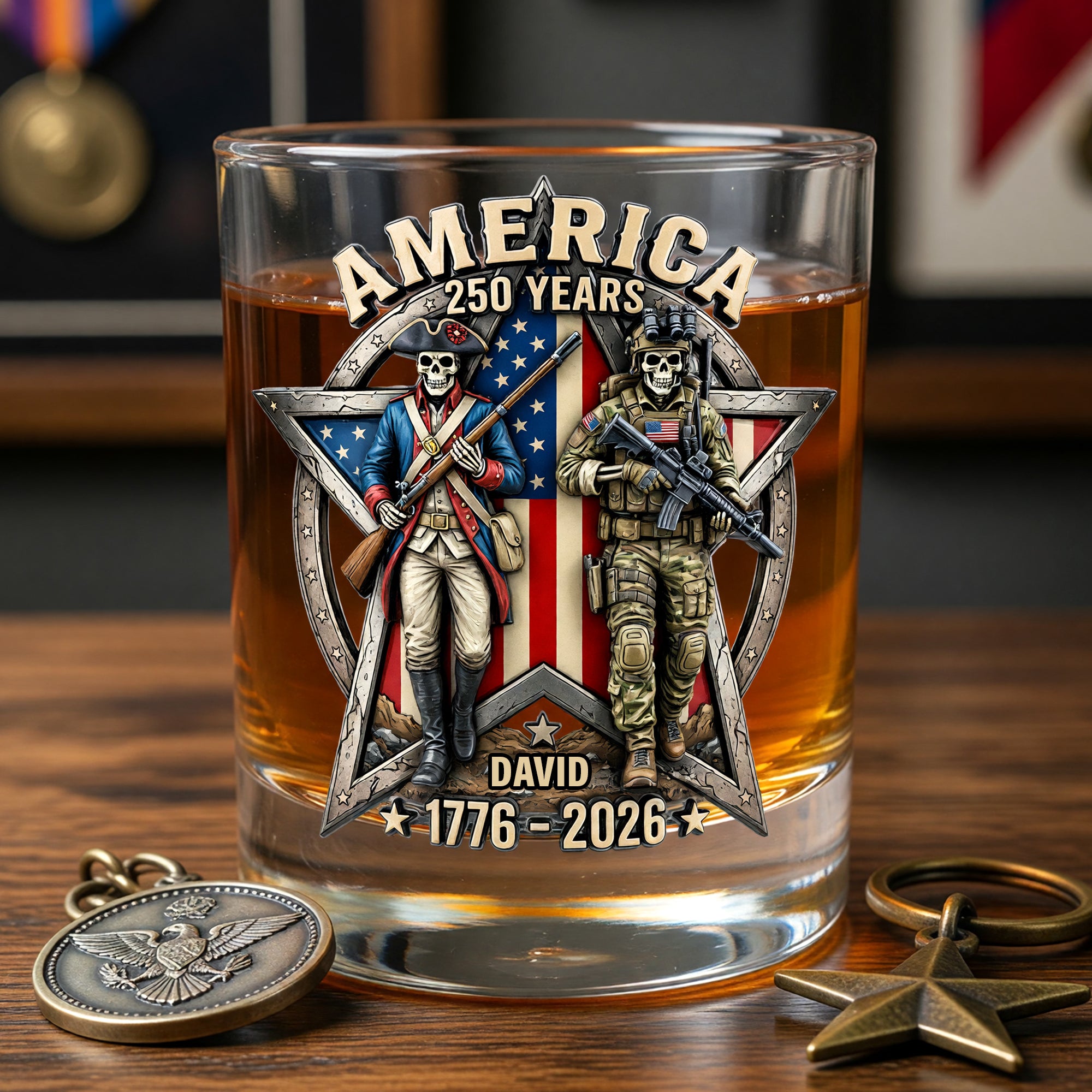 Personalized US Veteran America 250th Anniversary 1776-2026 Patriotic Soldier Skull Commemorative Whiskey Glass Personalized US Veteran America 250th Anniversary 1776-2026 Patriotic Soldier Skull Commemorative Whiskey Glass