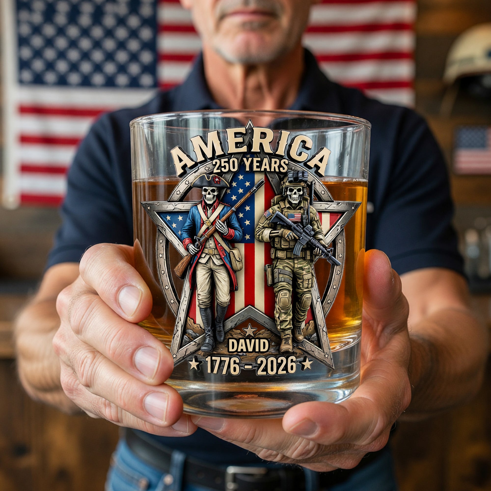 Personalized US Veteran America 250th Anniversary 1776-2026 Patriotic Soldier Skull Commemorative Whiskey Glass Personalized US Veteran America 250th Anniversary 1776-2026 Patriotic Soldier Skull Commemorative Whiskey Glass
