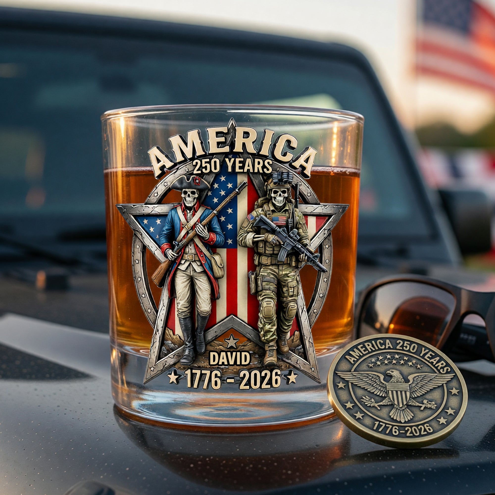 Personalized US Veteran America 250th Anniversary 1776-2026 Patriotic Soldier Skull Commemorative Whiskey Glass Personalized US Veteran America 250th Anniversary 1776-2026 Patriotic Soldier Skull Commemorative Whiskey Glass