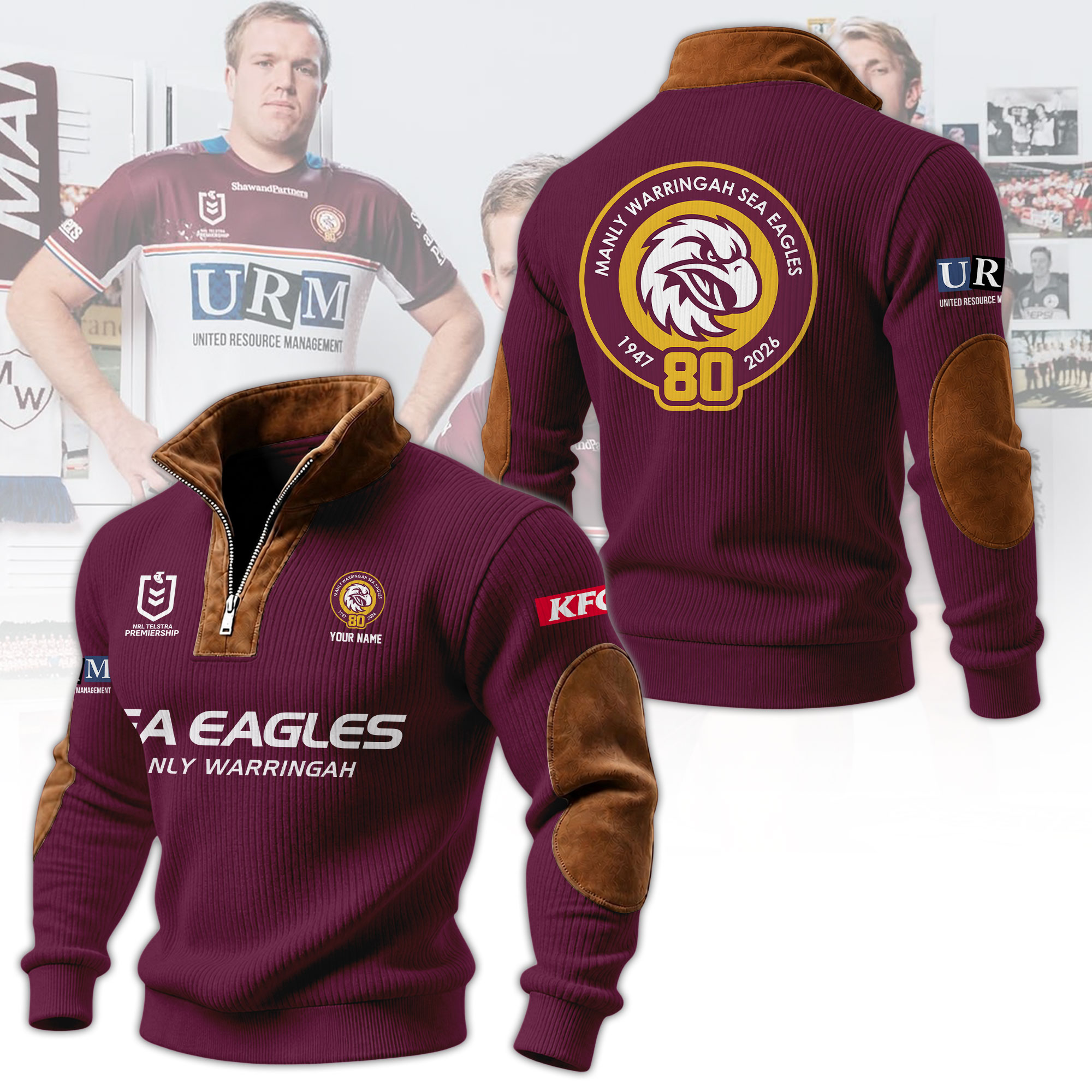 Personalized Manly Warringah Sea Eagles NRL 80th Anniversary Vintage Quarter Zip Ribbed Sweater Personalized Manly Warringah Sea Eagles NRL 80th Anniversary Vintage Quarter Zip Ribbed Sweater