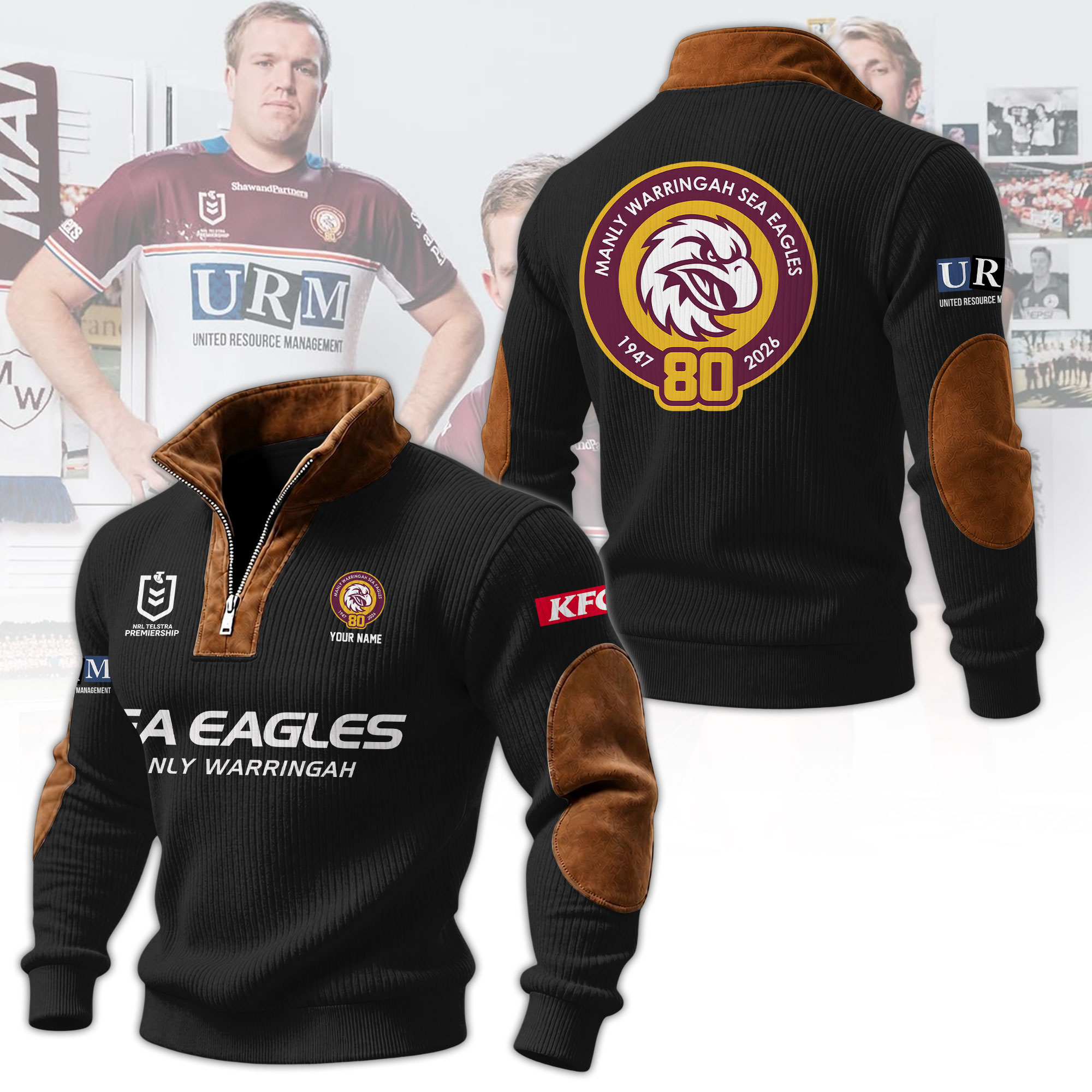 Personalized Manly Warringah Sea Eagles NRL 80th Anniversary Vintage Quarter Zip Ribbed Sweater Personalized Manly Warringah Sea Eagles NRL 80th Anniversary Vintage Quarter Zip Ribbed Sweater